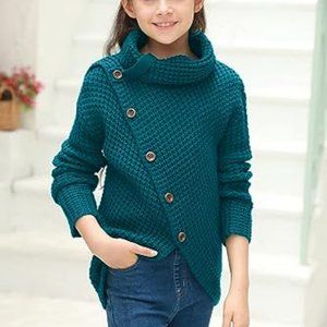 Girls Sweaters Button Turtle Cowl Neck Asymmetric Hem Wrap Pullover